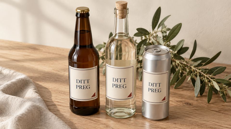Brun ølflaske, klar glassflaske med kork og en boks, alle med lyse etiketter, foran en olivengrein