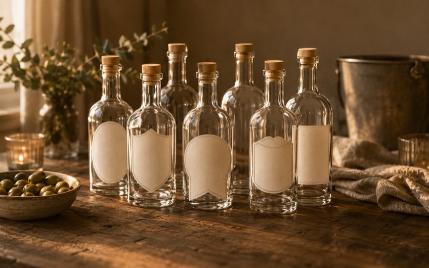 Klare glassflasker med korkpropp og blanke etiketter på et trebord i varmt lys
